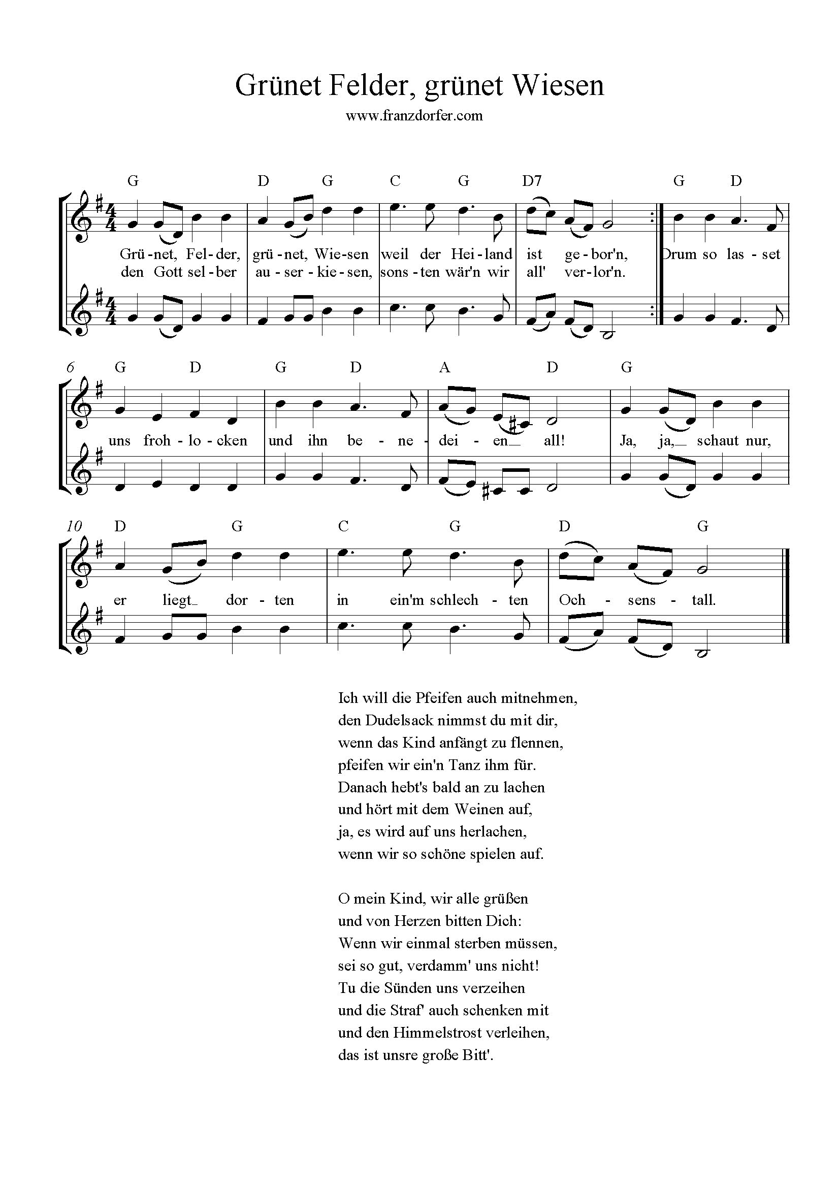 Grünet Felder, grünet Wiesen noten, Duo, G-Dur, Grünet Felder grpnet Wiesen